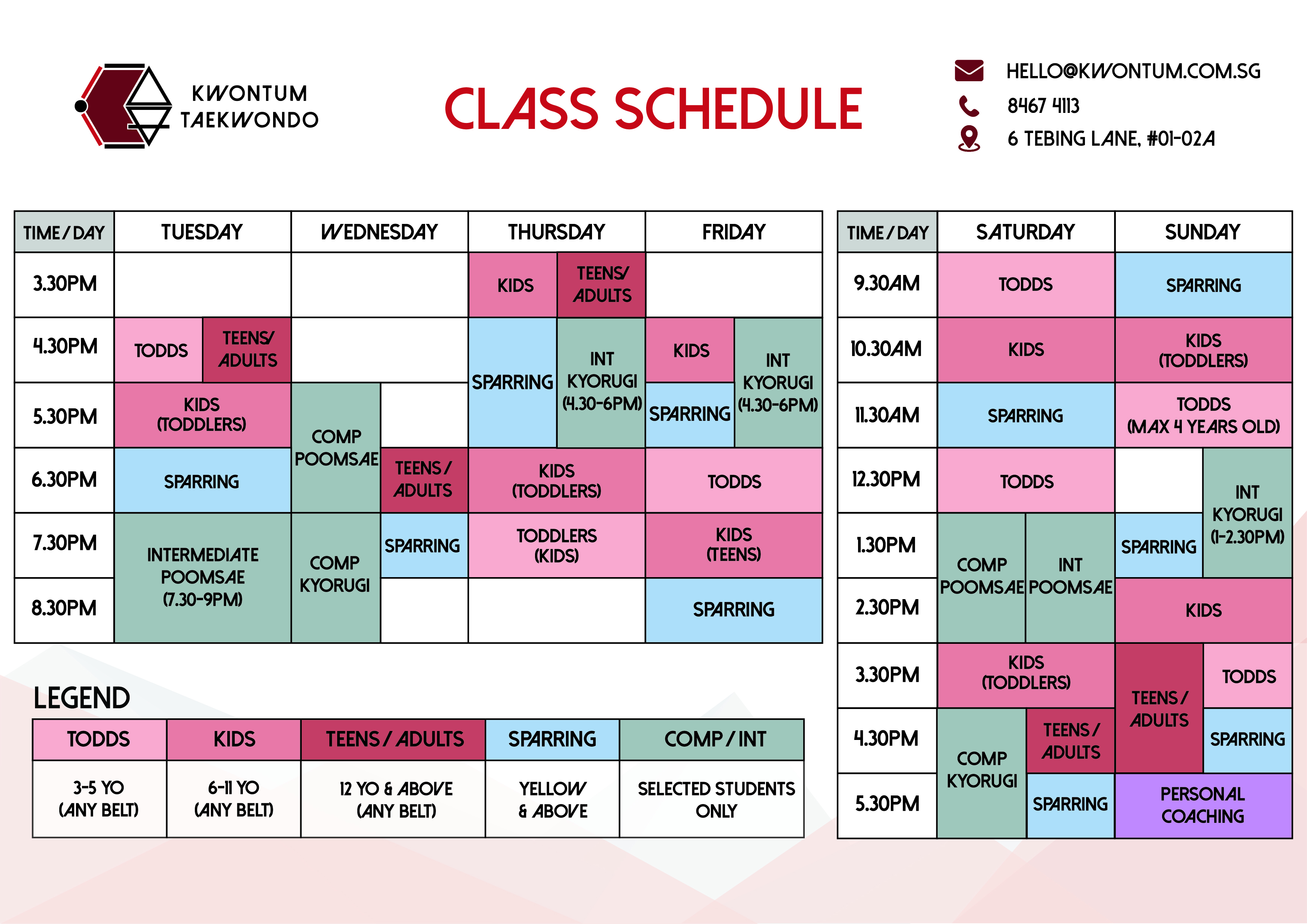 Kwontum Taekwondo Timetable